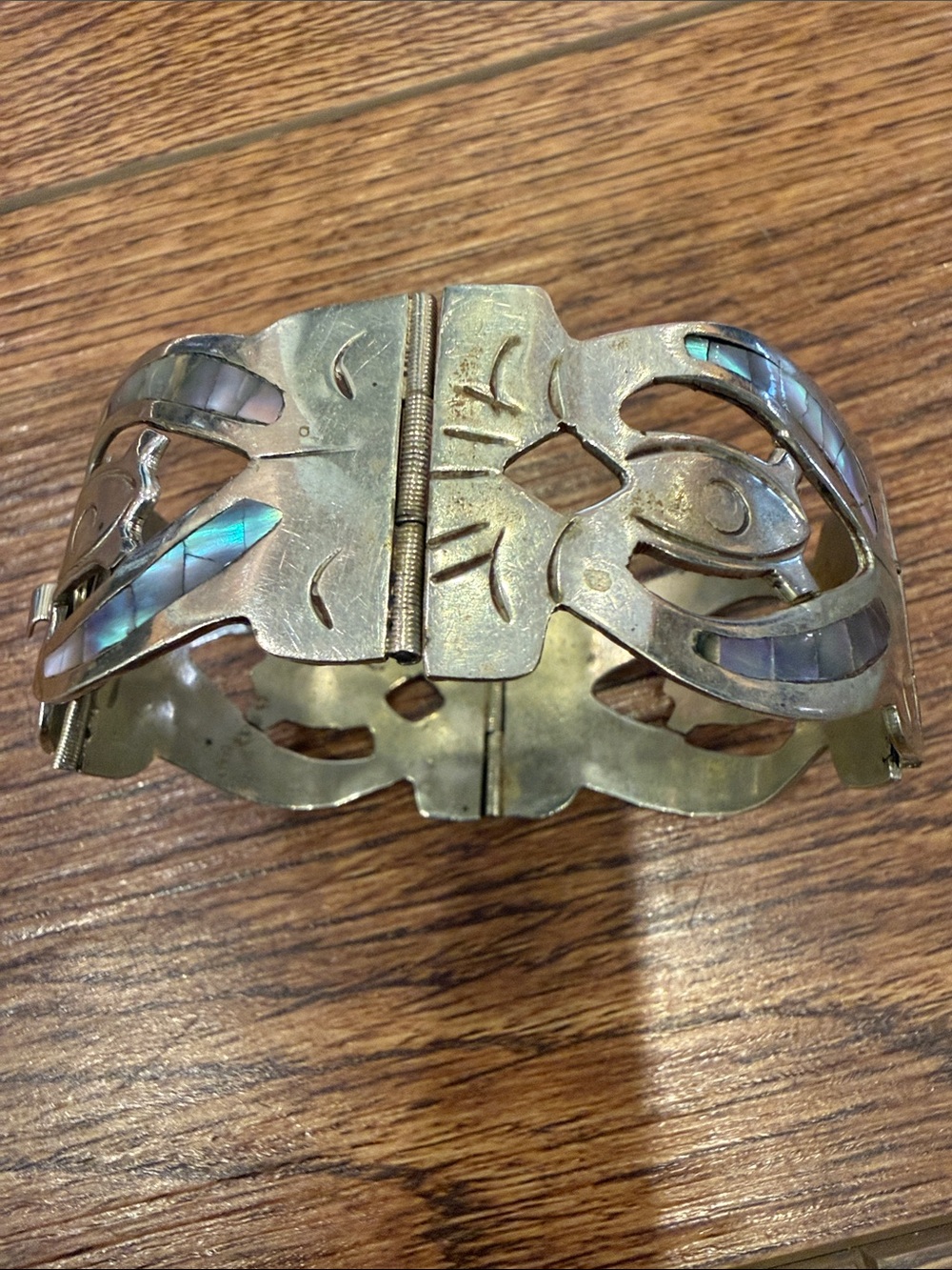 Vintage Mexican Alpaca Hinged Cuff with Abalone Inlay